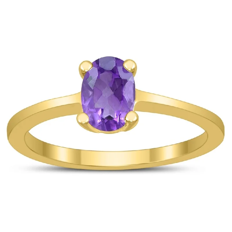 Women’s designer ring-Oval Solitaire 7X5MM Amethyst Ring in 10K Yellow Gold