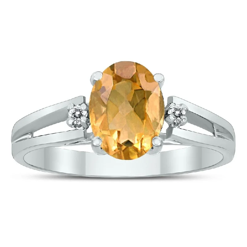 Women’s white gold ring-8X6MM Citrine and Diamond Open Three Stone Ring in 10K White Gold