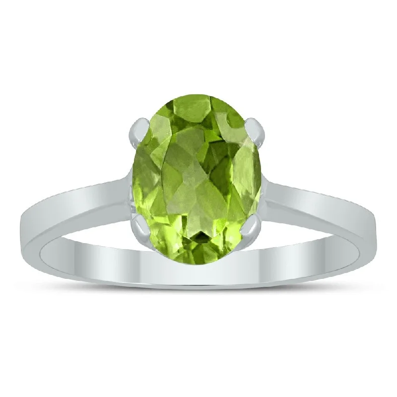 Women’s silver gemstone ring-Oval Solitaire 8X6MM Peridot Ring in 10K White Gold