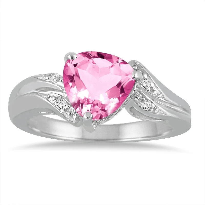 Women’s personalized ring-2 1/4 Carat Trillion Cut Pink Topaz and Diamond Ring in 10K White Gold