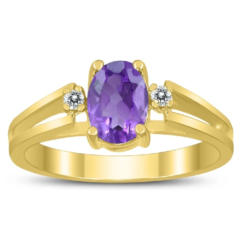 Women’s diamond eternity ring-7X5MM Amethyst and Diamond Open Three Stone Ring in 10K Yellow Gold