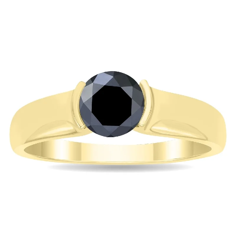 Women’s trendy ring-Marquee 1 Carat Half Bezel Black Diamond Solitaire Ring in 10K Yellow Gold