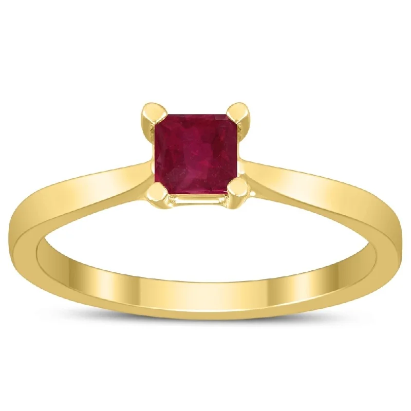 Women’s art nouveau ring-Square Princess Cut 4MM Ruby Solitaire Ring in 10K Yellow Gold