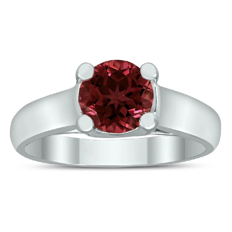 Women’s silver engagement ring-Round 7MM Garnet Cathedral Solitaire Ring in 10K White Gold