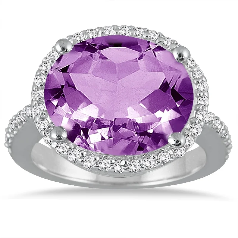 Women’s personalized ring-8 Carat Oval Amethyst and Diamond Ring in 14K White Gold