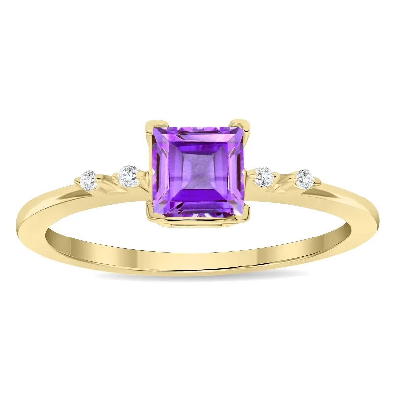 Women’s diamond eternity ring-Women's Square Shaped Amethyst and Diamond Sparkle Ring in 10K Yellow Gold