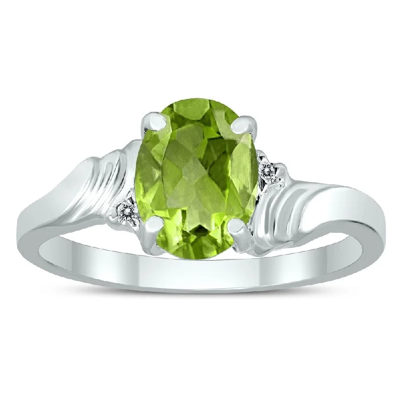 Women’s fashion statement ring-8X6MM Peridot and Diamond Wave Ring in 10K White Gold