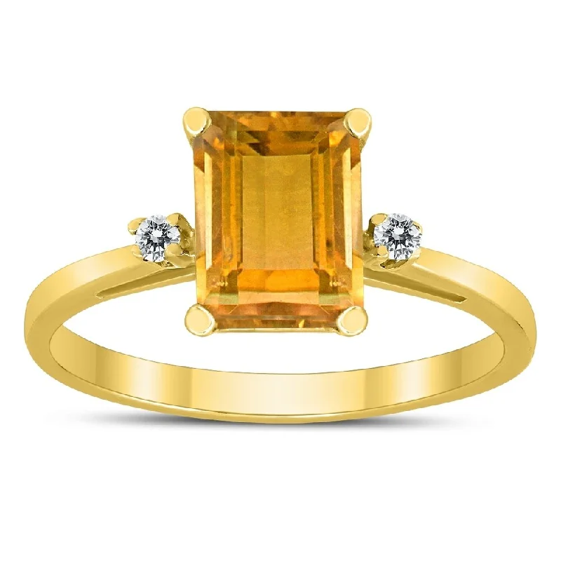 Women’s radiant-cut ring-Emerald Cut 8X6MM Citrine and Diamond Three Stone Ring in 10K Yellow Gold