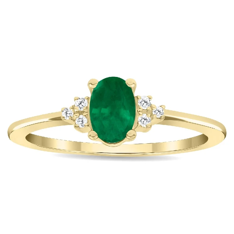 Women’s double ring-Women's Oval Shaped Emerald and Diamond Half Moon Ring in 10K Yellow Gold