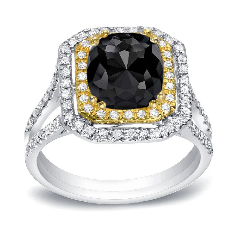 Women’s vintage diamond ring-Auriya 1 3/4ctw Cushion Cut Halo Black Diamond Ring 14k Two-tone Gold