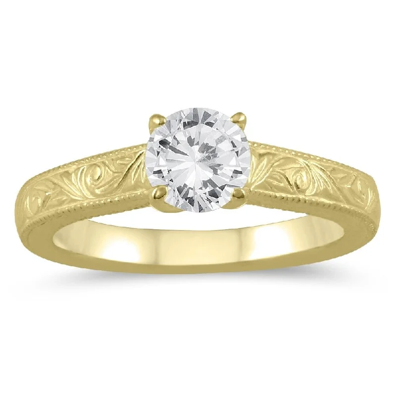 Women’s white gold diamond ring-AGS Certified 3/4 Carat Engraved Diamond Solitaire Ring in 14K Yellow Gold (I-J Color, I2-I3 Clarity)