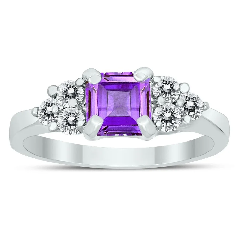 Women’s emerald-cut ring-Princess Cut 6X6MM Amethyst and Diamond Duchess Ring in 10K White Gold