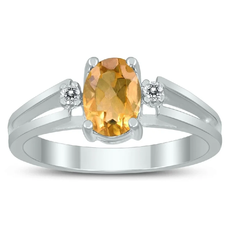 Women’s gold ring-7X5MM Citrine and Diamond Open Three Stone Ring in 10K White Gold