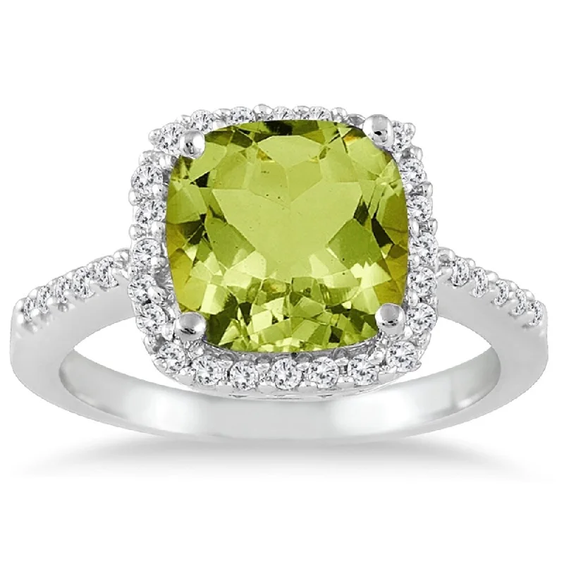 Women’s trendy ring-2 1/2 Carat Cushion Cut Peridot and Diamond Ring 14K White Gold