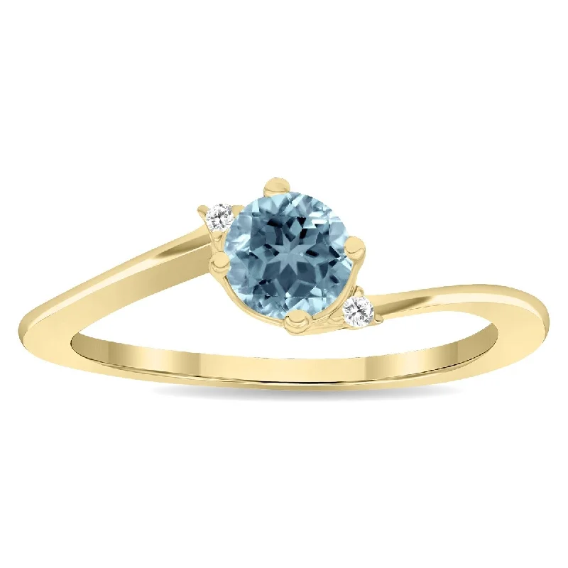 Women’s vintage diamond ring-Women's Round Shaped Aquamarine and Diamond Wave Ring in 10K Yellow Gold