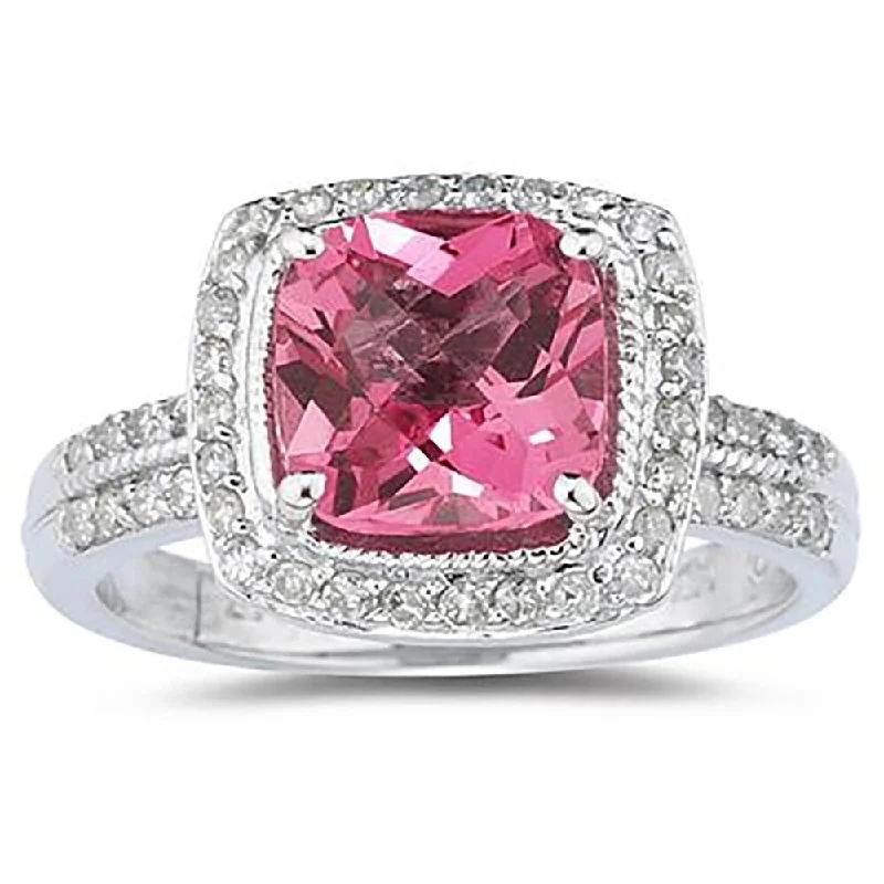 Women’s ruby ring-2 1/2 Carat Cushion Cut Pink Topaz & Diamond Ring in 14K White Gold