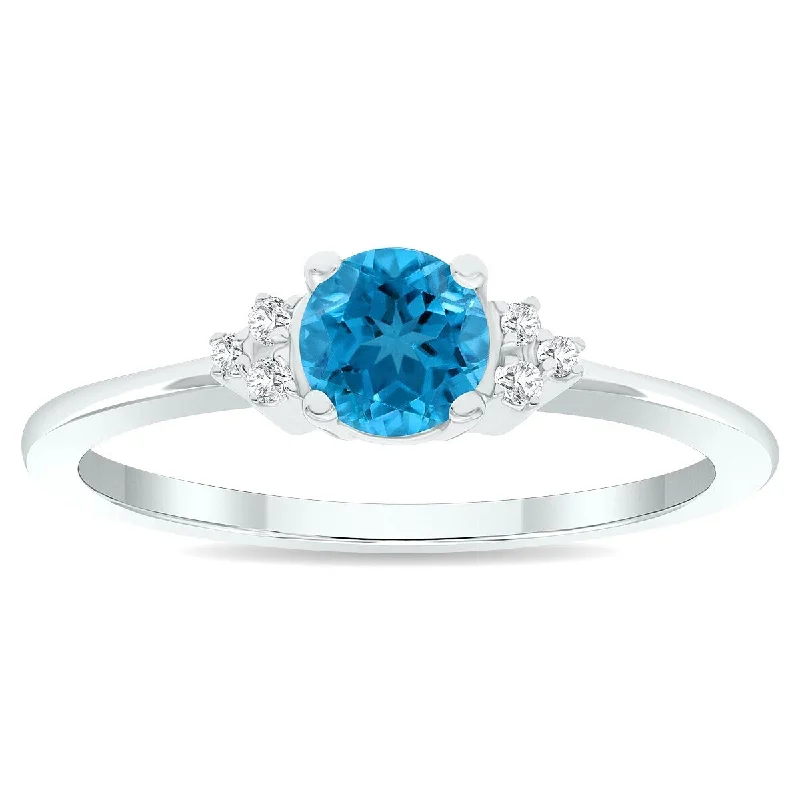 Women’s cubic zirconia ring-Women's Blue Topaz and Diamond Half Moon Ring in 10K White Gold