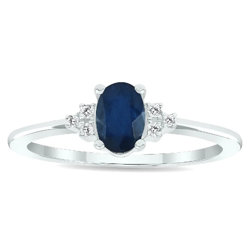 Women’s gold band ring-Women's Sapphire and Diamond Half Moon Ring in 10K White Gold