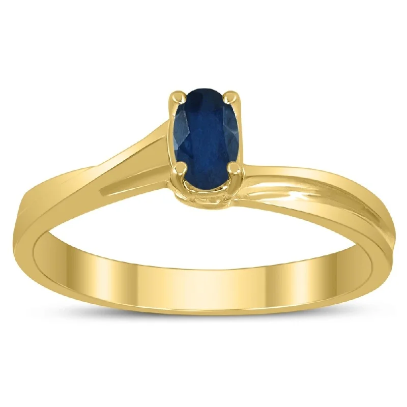 Women’s designer engagement ring-Solitaire Oval 5X3MM Sapphire Gemstone Twist Ring in 10K Yellow Gold