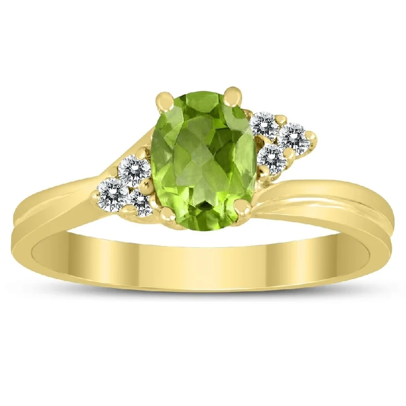 Women’s luxurious gold ring-7X5MM Peridot and Diamond Twist Ring in 10K Yellow Gold