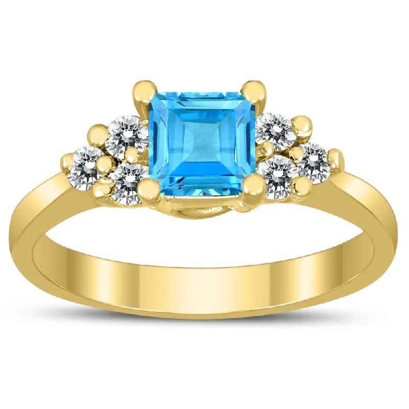 Women’s rose gold ring-Princess Cut 5X5MM Blue Topaz and Diamond Duchess Ring in 10K Yellow Gold