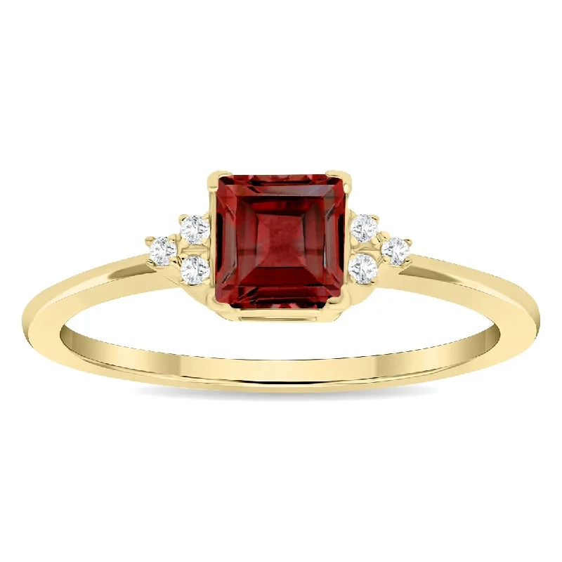 Women’s heart-shaped ring-Women's Square Shaped Garnet and Diamond Half Moon Ring in 10K Yellow Gold