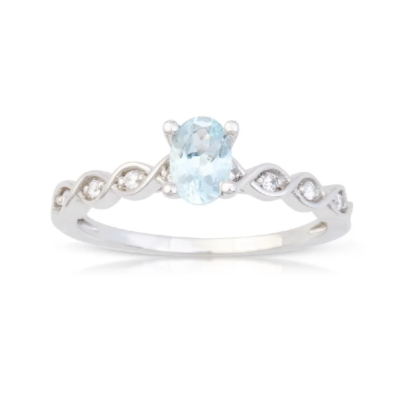 Women’s white gold ring-Oval Cut Aquamarine Gemstone 1/20ct TDW Diamond Classic Ring in 10k White Gold