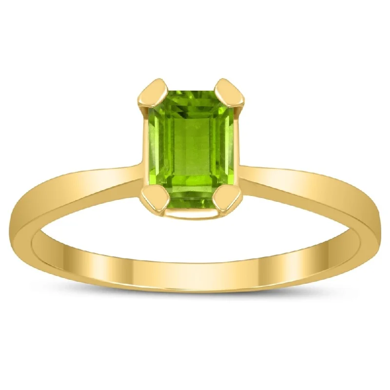 Women’s pinky ring-Emerald Shaped 6X4MM Peridot Solitaire Ring in 10K Yellow Gold