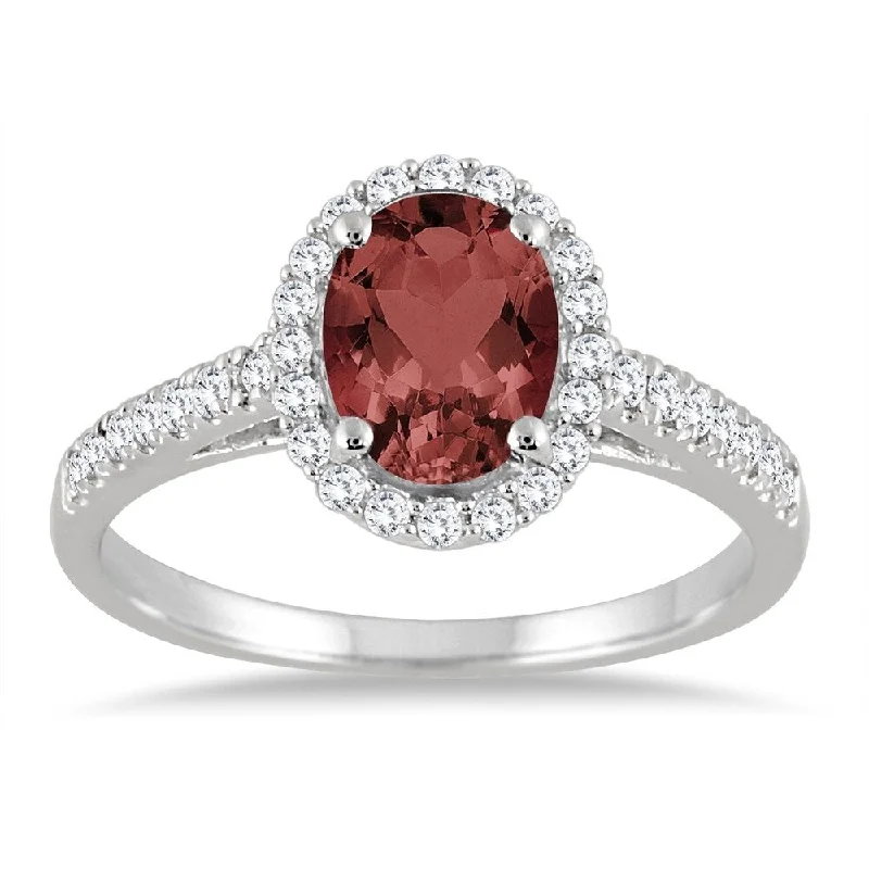 Women’s diamond ring-Garnet and Diamond Halo Ring in 10K White Gold