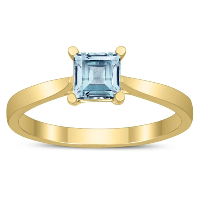 Women’s gemstone engagement ring-Square Princess Cut 5MM Aquamarine Solitaire Ring in 10K Yellow Gold