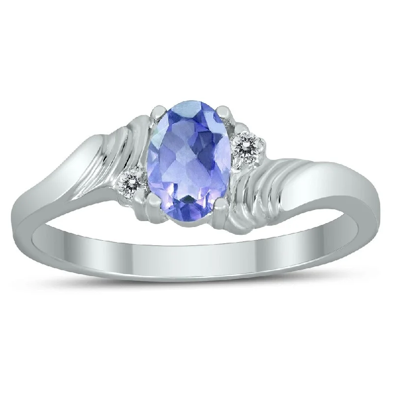 Women’s engraved ring-6X4MM Tanzanite and Diamond Wave Ring in 10K White Gold