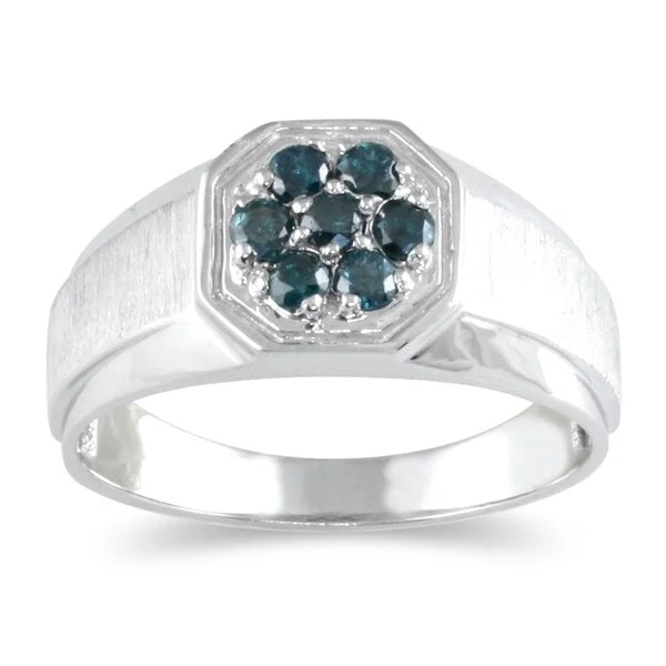 Women’s dainty ring-Men's Blue Diamond Cluster Ring in 14k White Gold