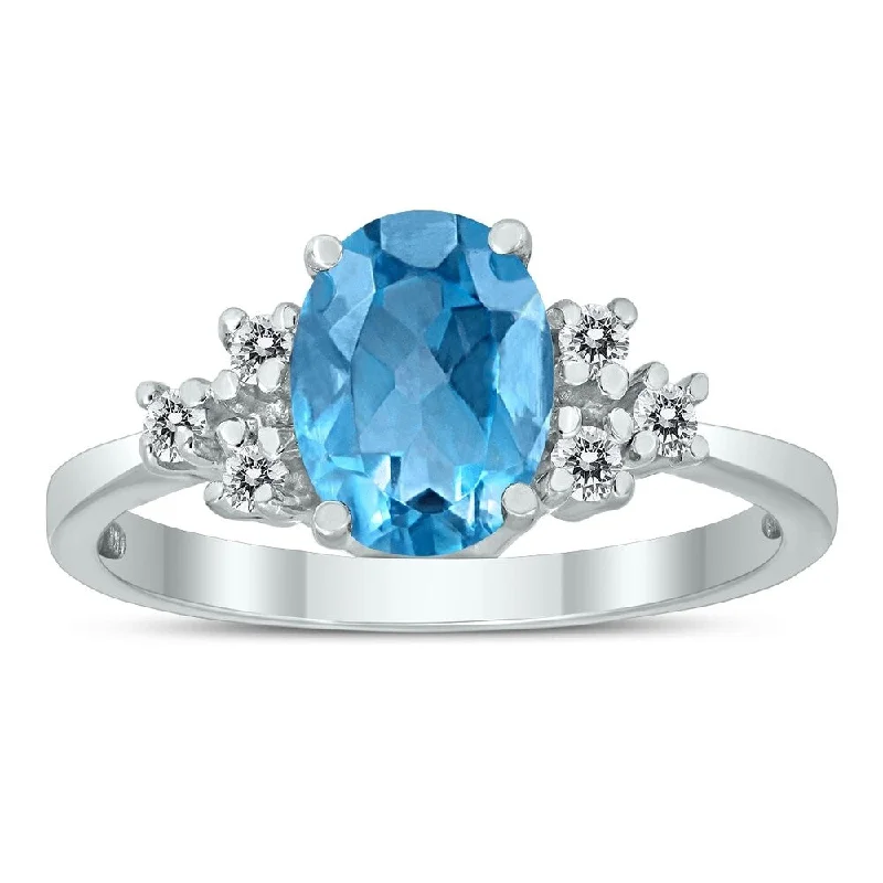 Women’s rose-cut ring-8X6MM Blue Topaz and Diamond Regal Ring in 10K White Gold