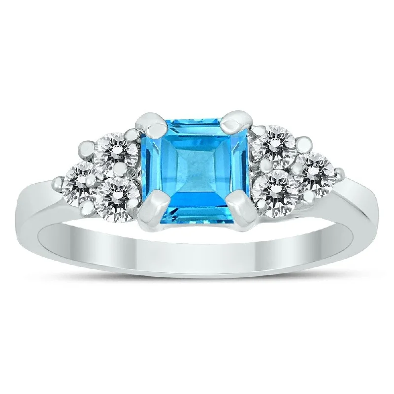 Women’s engagement ring-Princess Cut 6X6MM Blue Topaz and Diamond Duchess Ring in 10K White Gold