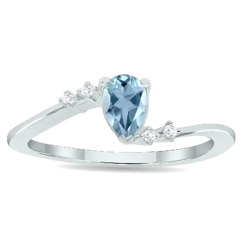 Women’s precious gemstone ring-Women's Aquamarine and Diamond Wave Ring in 10K White Gold