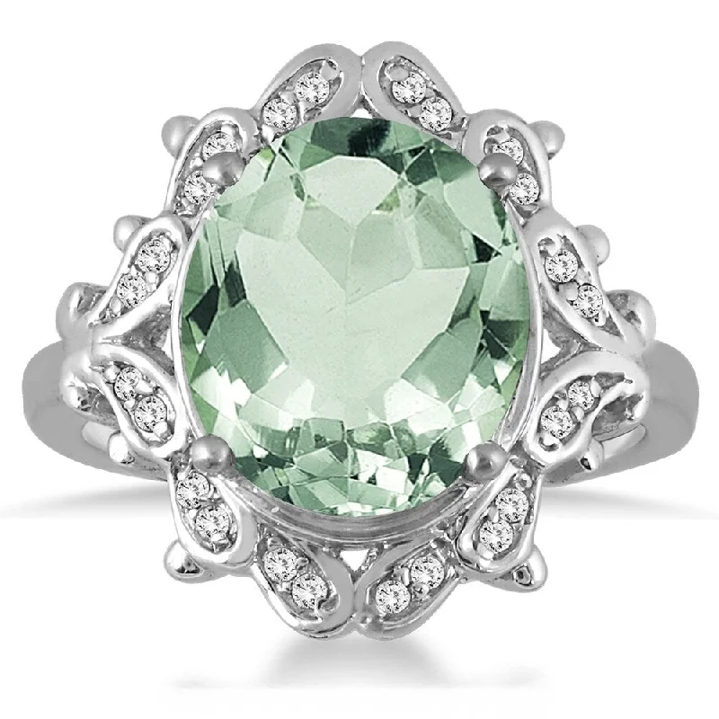 Women’s silver gemstone ring-5 Carat Green Amethyst and Diamond Ring in 10K White Gold