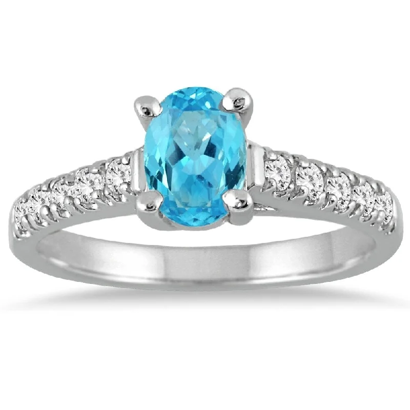 Women’s engagement ring-1 Carat Oval Blue Topaz and Diamond Ring in 14K White Gold