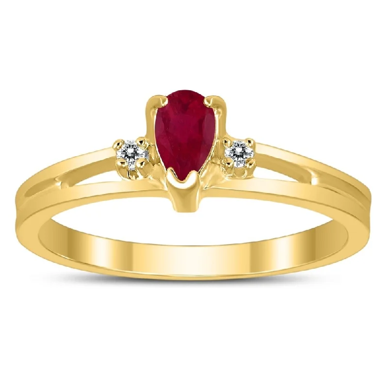 Women’s gemstone stacking ring-5X3MM Ruby and Diamond Pear Shaped Open Three Stone Ring in 10K Yellow Gold