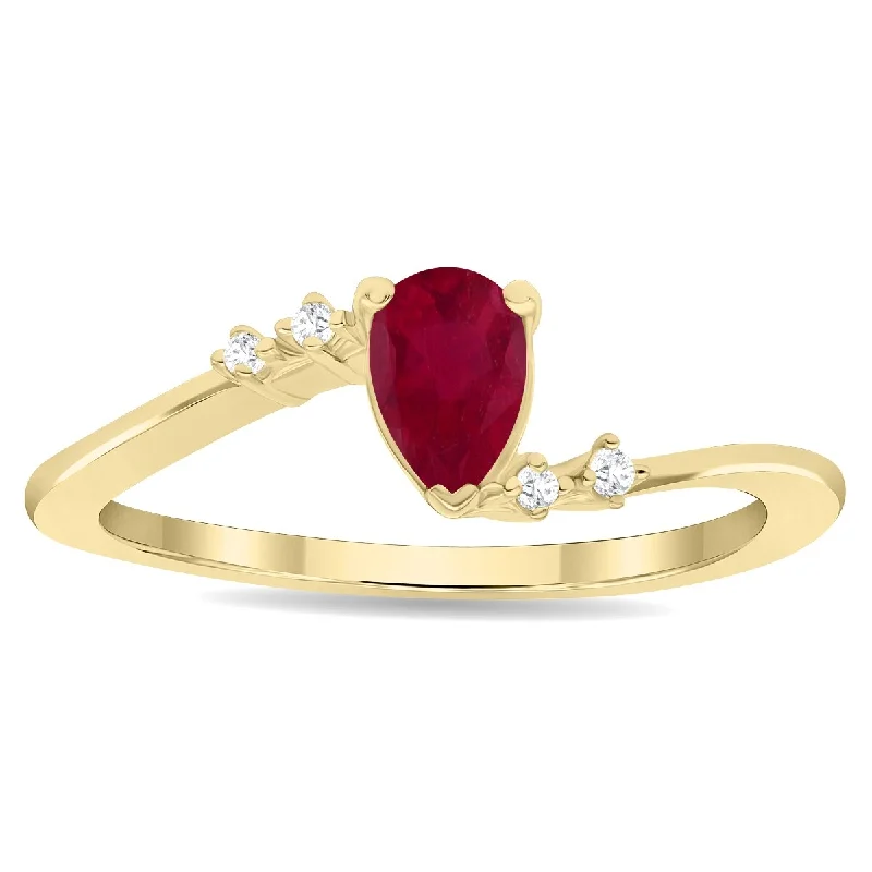 Women’s wedding ring with diamonds-Women's Pear Shaped Ruby and Diamond Wave Ring in 10K Yellow Gold