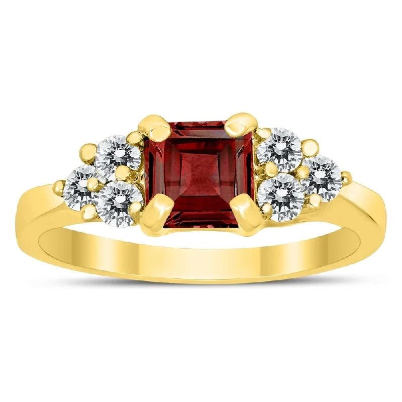 Women’s two-tone ring-Princess Cut 6X6MM Garnet and Diamond Duchess Ring in 10K Yellow Gold