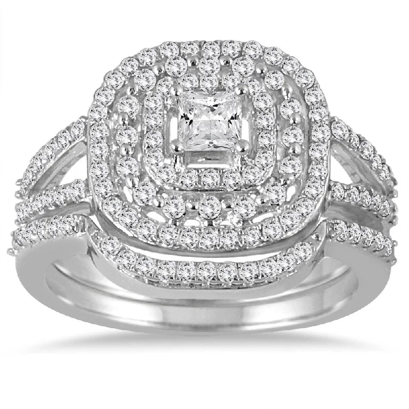 Women’s gemstone engagement ring-Marquee Jewels 10k White Gold 7/8ct TDW Diamond Triple Halo Princess Bridal Ring Set