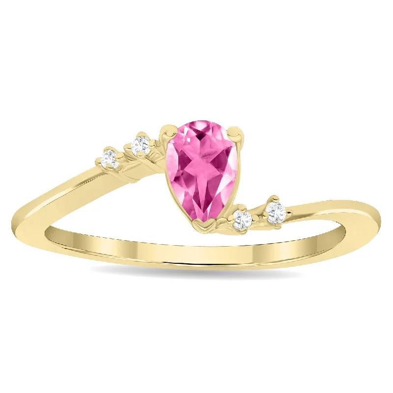 Women’s minimalist ring-Women's Pear Shaped Pink Topaz and Diamond Wave Ring in 10K Yellow Gold