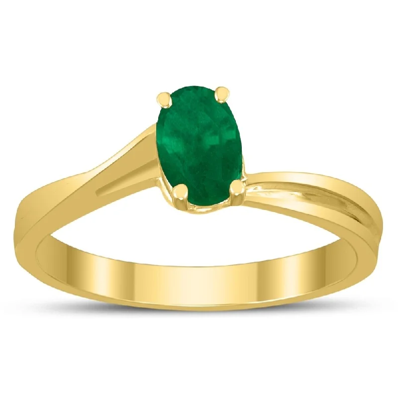 Women’s wedding ring set-Solitaire Oval 6X4MM Emerald Gemstone Twist Ring in 10K Yellow Gold