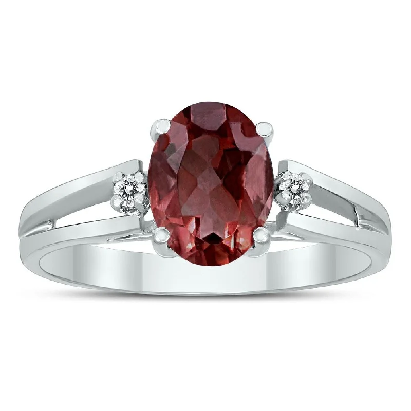 Women’s diamond band ring-8X6MM Garnet and Diamond Open Three Stone Ring in 10K White Gold