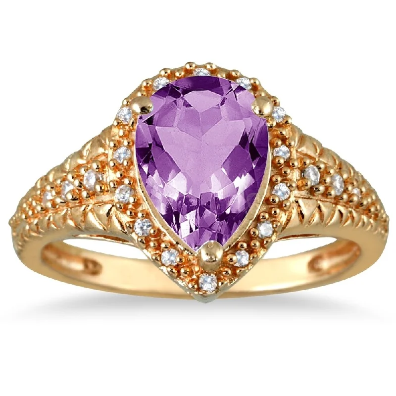 Women’s emerald ring-2 Carat Pear Shaped Amethyst and Diamond Ring in 10K Yellow Gold