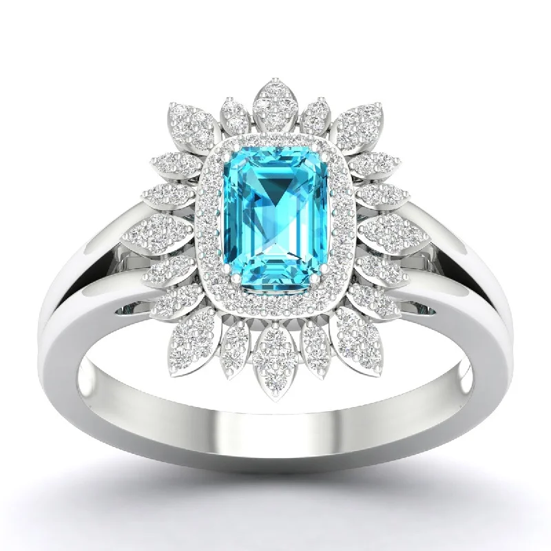 Women’s signet ring-10K White Gold Emerald Cut London Blue Topaz Gemstone and 1/5Ct Diamond Cocktail Ring