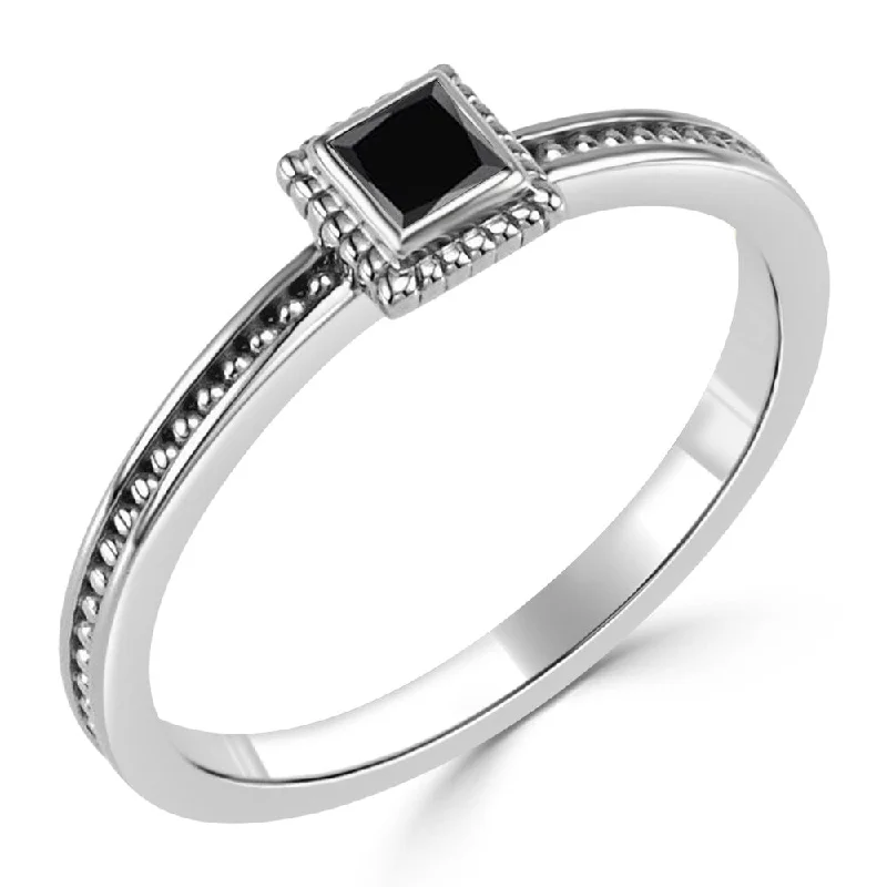 Women’s classic wedding ring-Auriya 1/6ctw Stackable Princess Cut Solitaire Black Diamond Ring 10k Gold