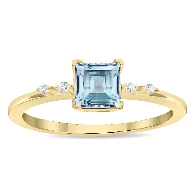 Women’s simple gold ring-Women's Square Shaped Aquamarine and Diamond Sparkle Ring in 10K Yellow Gold