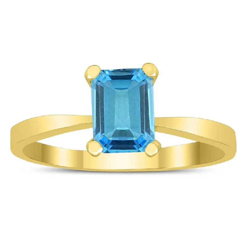 Women’s wedding ring-Emerald Shaped 7X5MM Blue Topaz Solitaire Ring in 10K Yellow Gold