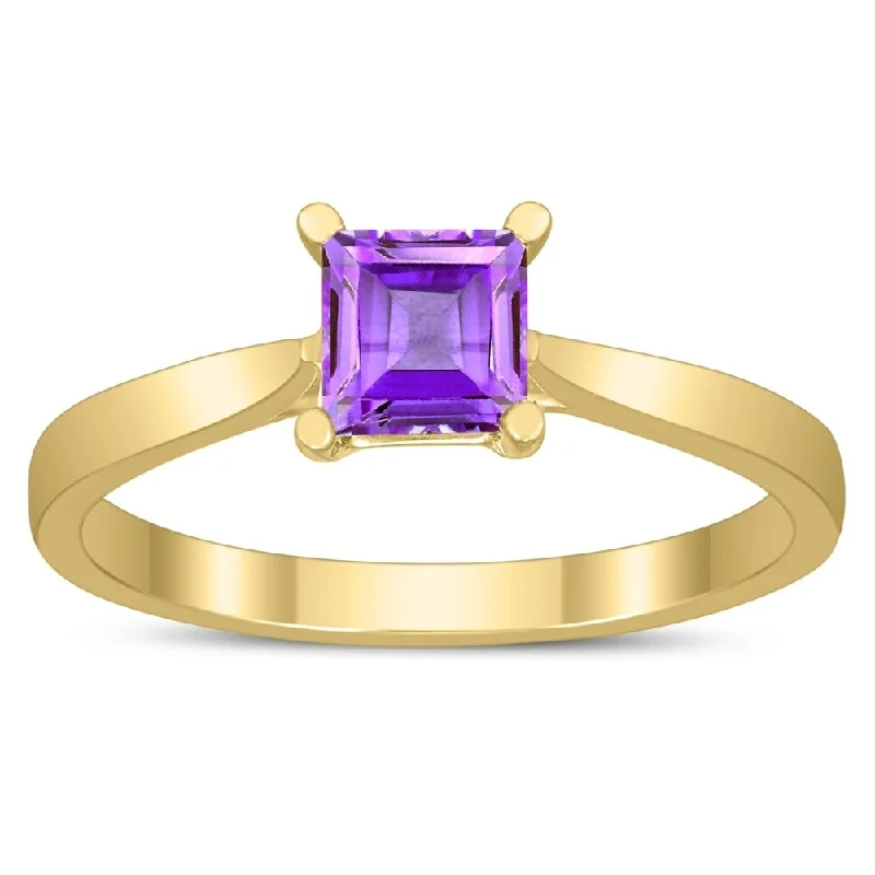 Women’s solitaire diamond ring-Square Princess Cut 5MM Amethyst Solitaire Ring in 10K Yellow Gold